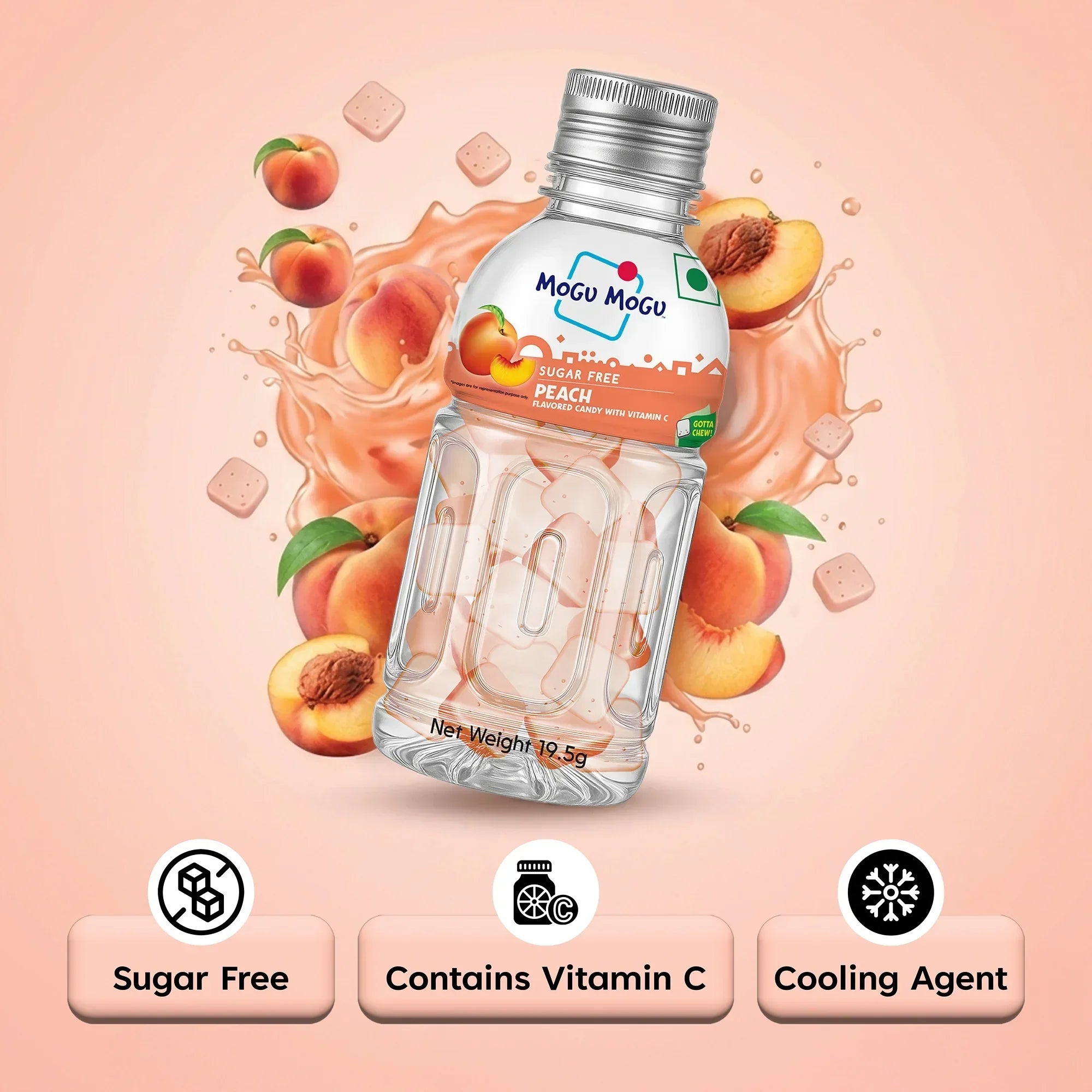 Mogu Mogu peach sugar free candy bottle with peach fruits and features like vitamin C and cooling agent.