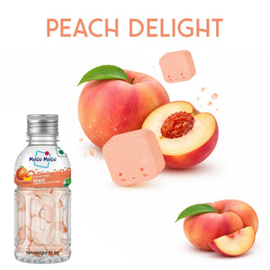 Mogu Mogu sugar free peach candy bottle with fresh peaches and peach-flavored candy cubes.
