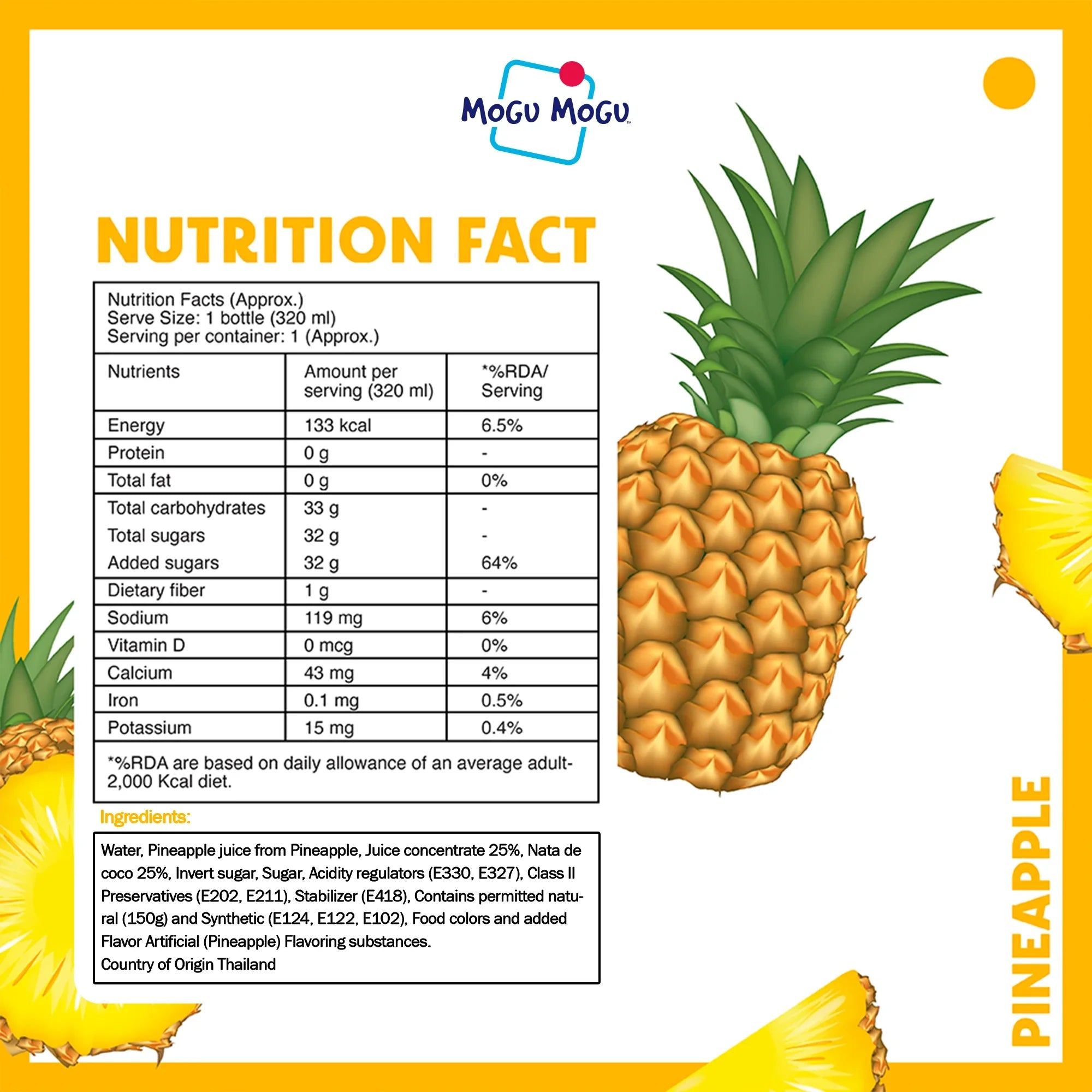 Pineapple juice nutrition facts label with whole pineapple and pineapple slices, Mogu Mogu logo