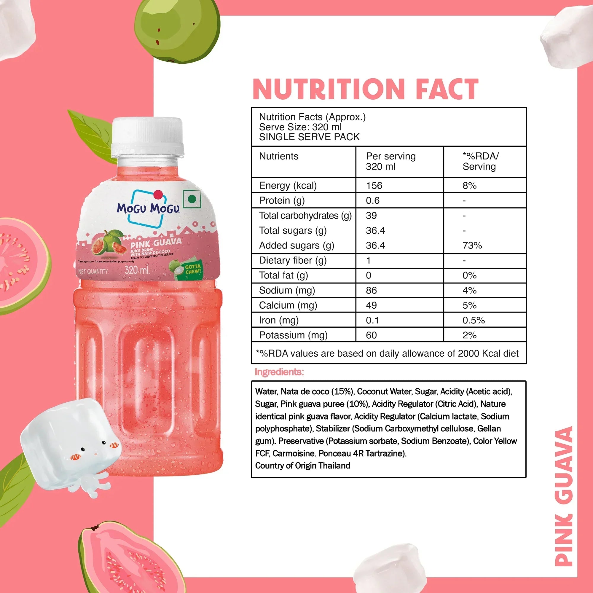 Mogu Mogu Pink Guava drink bottle with nutrition facts, ingredients, and pink guava fruit graphics