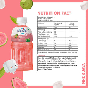 Mogu Mogu Pink Guava drink bottle with nutrition facts, ingredients, and pink guava fruit graphics