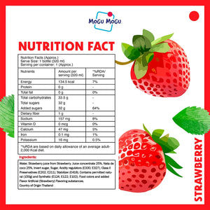 Strawberry juice nutrition facts label with illustrated strawberries and ingredients list.