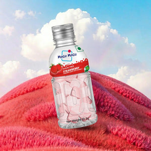 Mogu Mogu sugar free strawberry candy bottle on pink fuzzy surface with blue sky and clouds