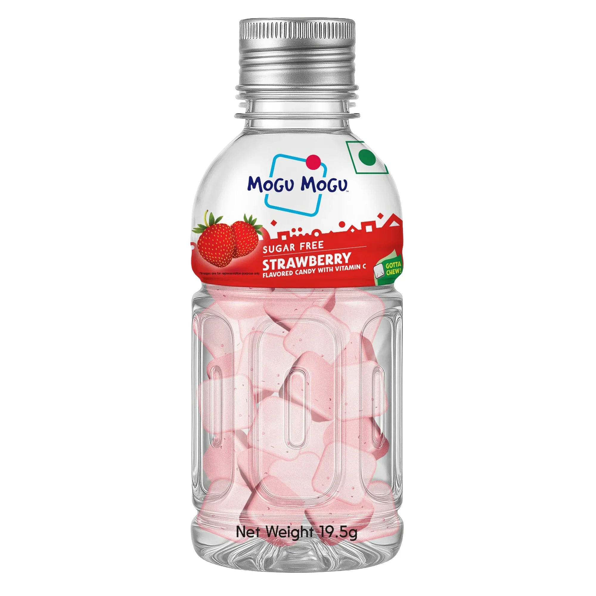 Mogu Mogu sugar free strawberry flavored candy bottle with pink candies inside