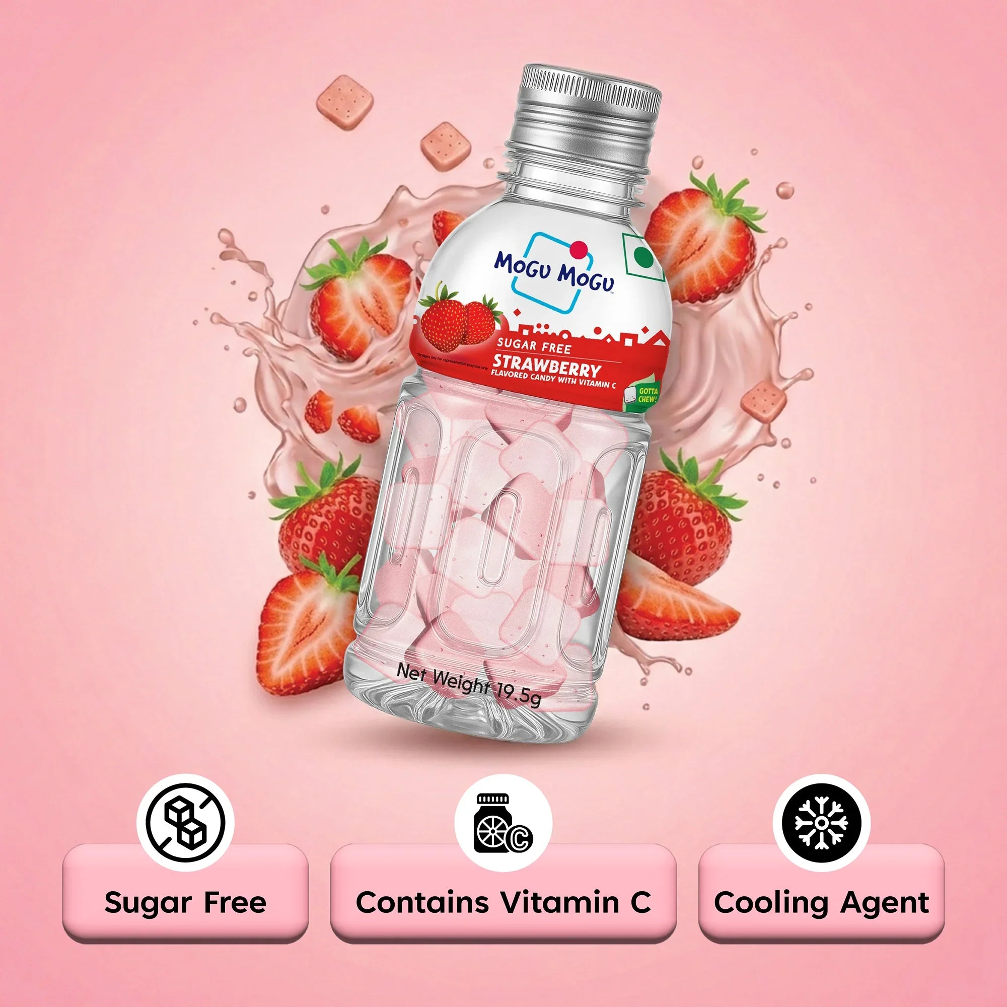 Sugar free strawberry flavored candy with vitamin C in a bottle, fresh strawberries, pink background.