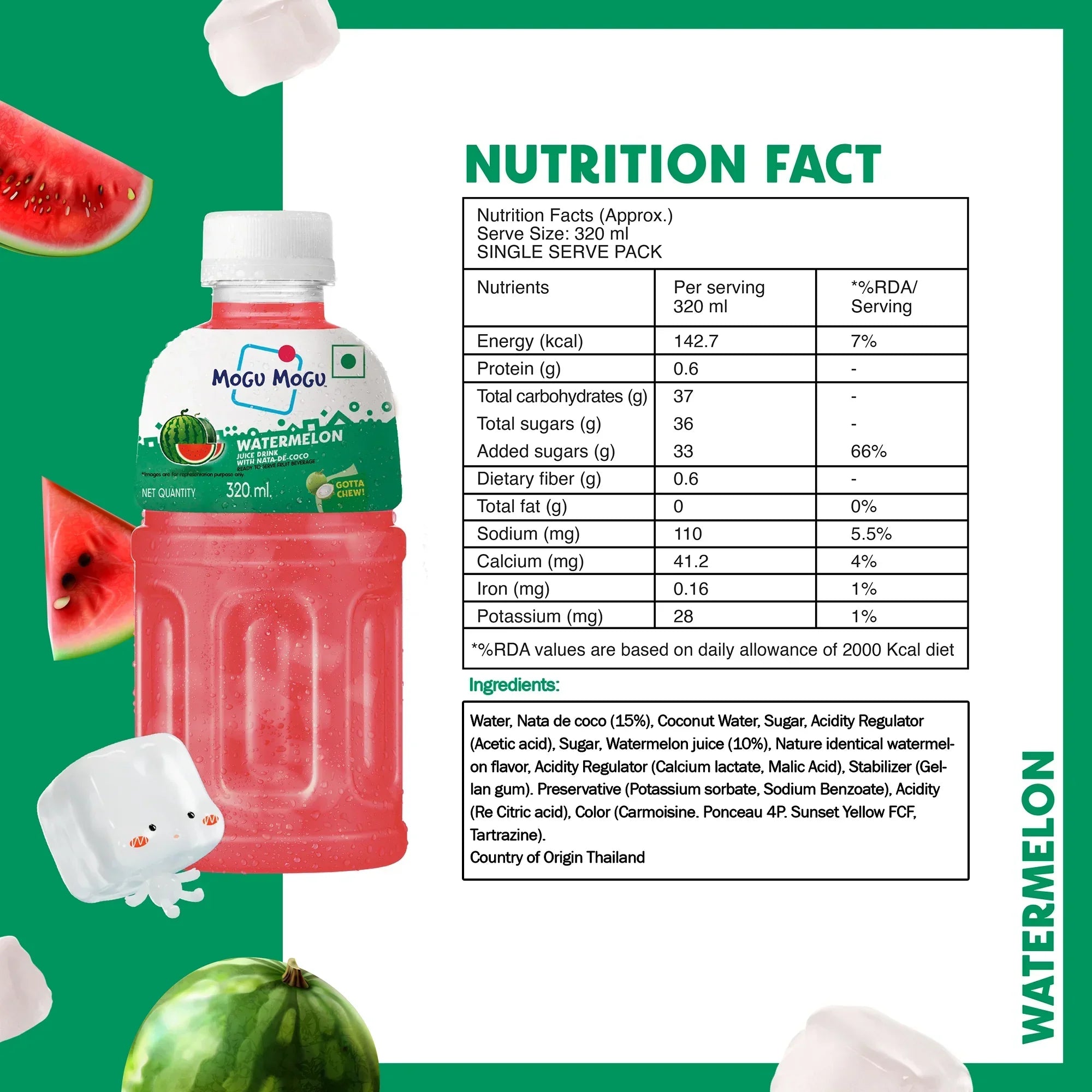 Mogu Mogu Watermelon drink bottle with nutrition facts, surrounded by watermelon slices and ice.