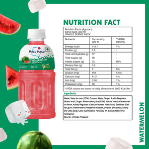 Mogu Mogu Watermelon drink bottle with nutrition facts, surrounded by watermelon slices and ice.