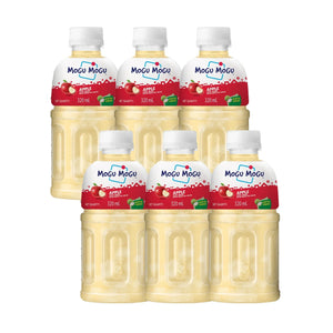 Pack of six Mogu Mogu apple juice bottles with nata de coco, 320ml each, on white background