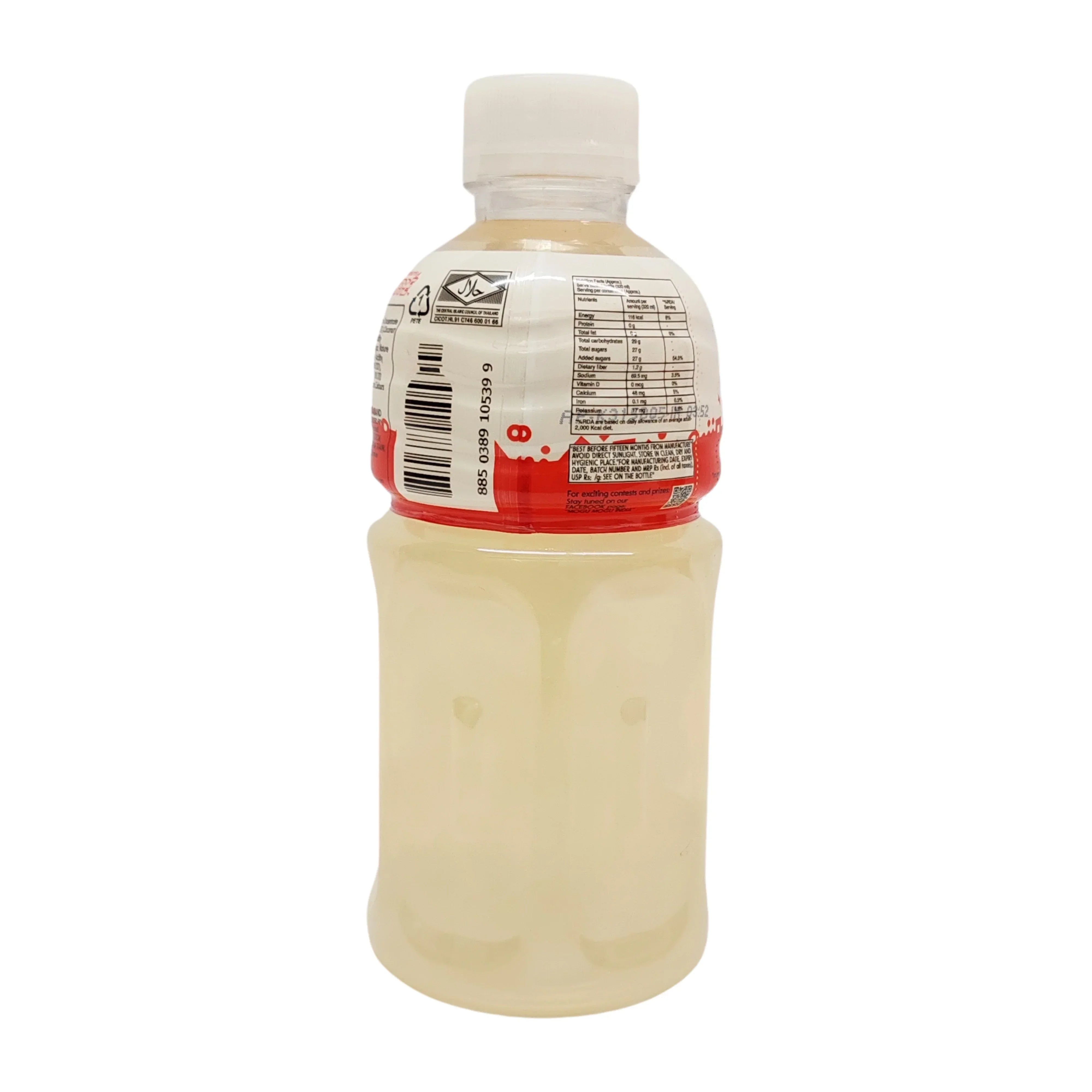 Back view of apple juice drink bottle with nutritional label and white cap
