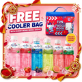 Assorted Mogu Mogu fruit juice drinks with a free blue cooler bag promotional offer.