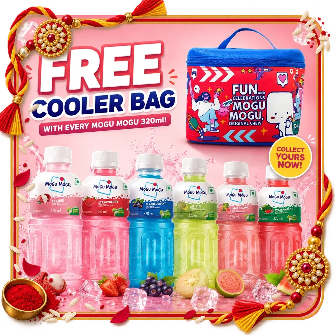 Assorted Mogu Mogu fruit juice drinks with a free blue cooler bag promotional offer.