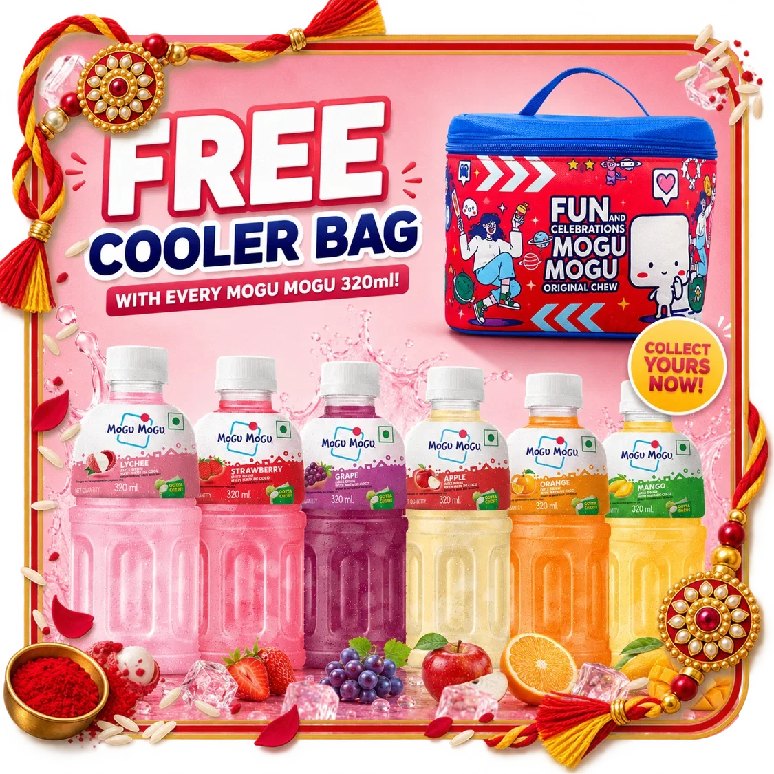 Mogu Mogu 320ml fruit juice bottles with a free blue insulated cooler bag promo.