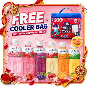 Mogu Mogu 320ml fruit juice bottles with a free blue insulated cooler bag promo.