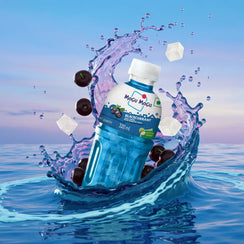 Mogu Mogu Blackcurrant juice drink bottle with fruit pieces and ice splashing in water