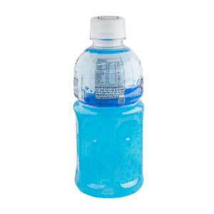 Plastic bottle with bright blue drink, visible nutrition label, and clear cap on white background.