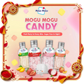 Mogu Mogu sugar free fruit candy bottles in mango, strawberry, lychee, and peach flavors.