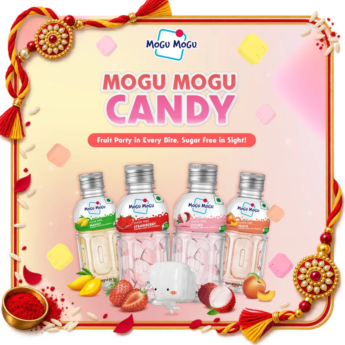 Mogu Mogu sugar free fruit candy bottles in mango, strawberry, lychee, and peach flavors.