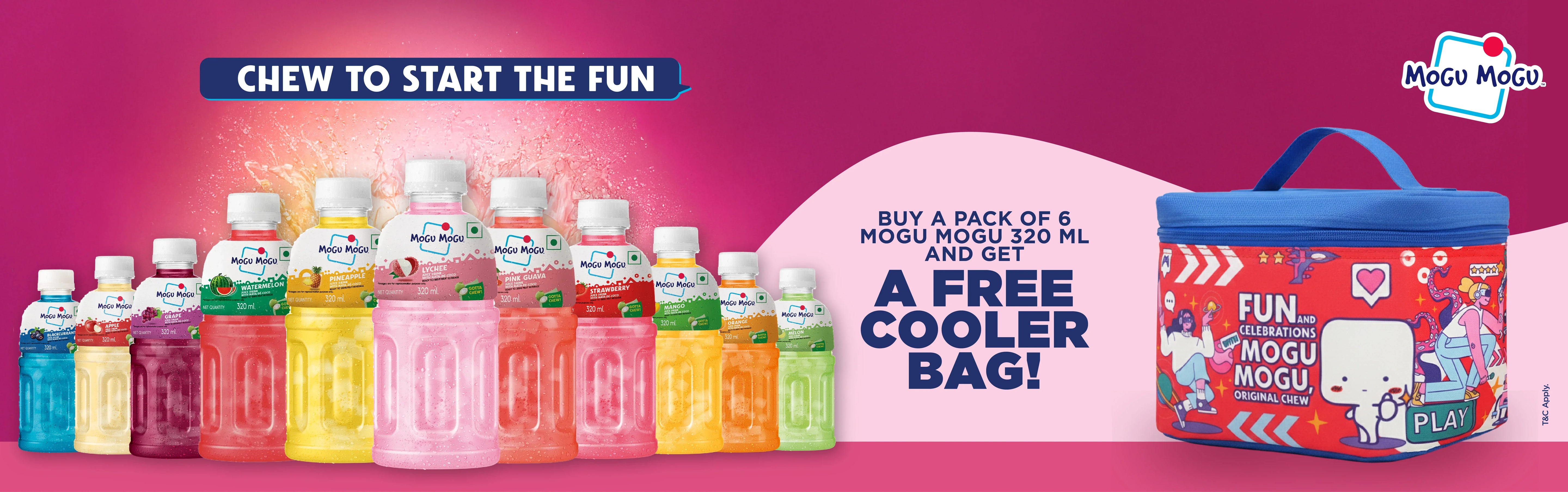 Mogu Mogu assorted fruit drinks and free colorful cooler bag offer on Sunbeam Merchantile Ventures
