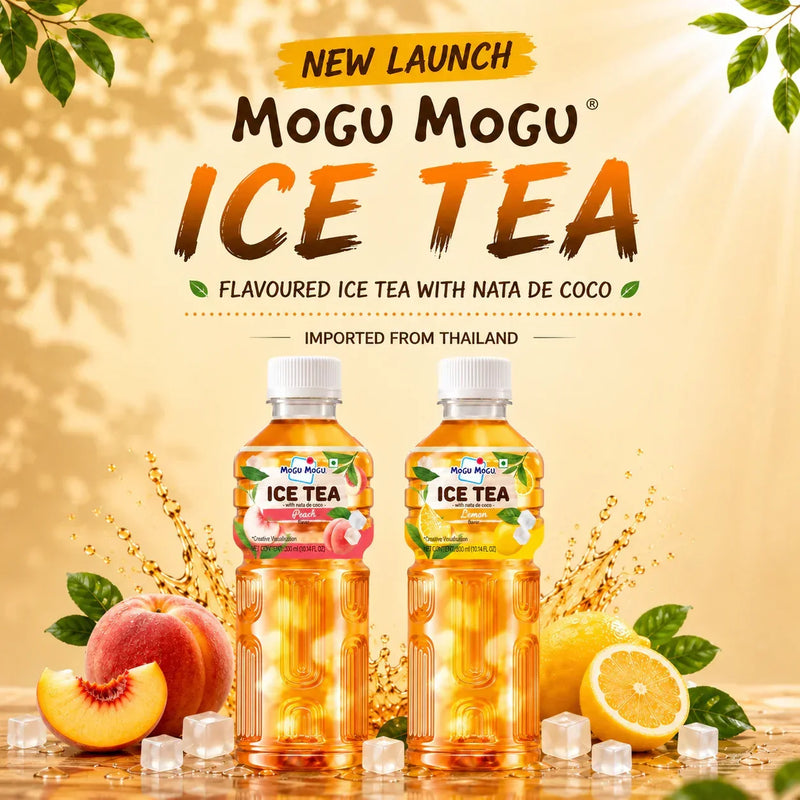 Mogu Mogu Ice Tea with Nata de Coco, imported from Thailand, peach & lemon flavors with ice cubes