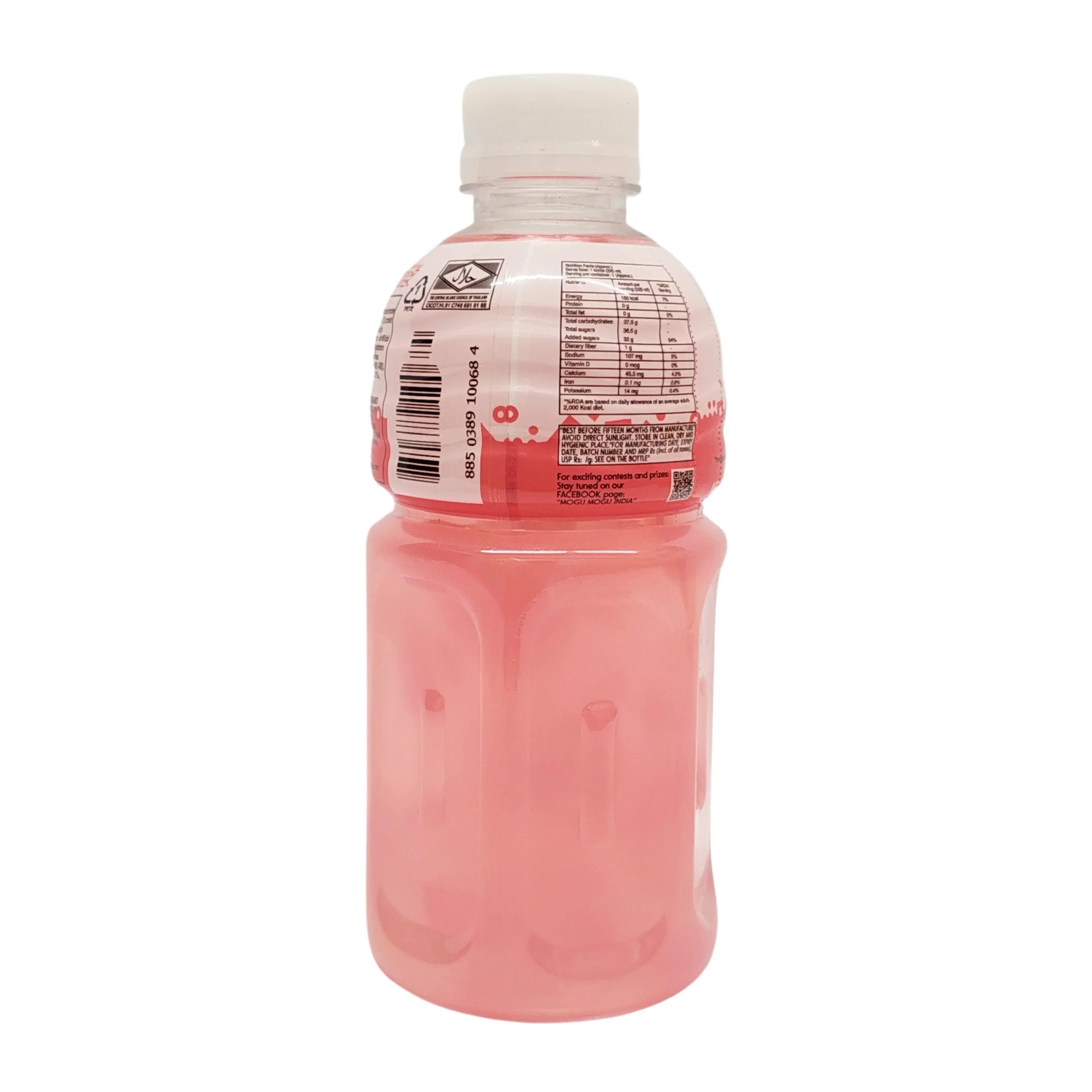 Back view of a pink lychee drink bottle with a white cap and nutrition label