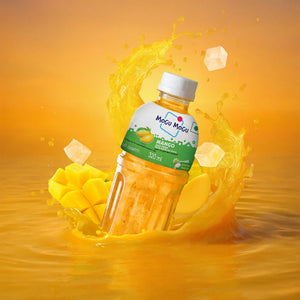 Mango juice drink bottle with mango cubes and ice, splashing in golden liquid backdrop