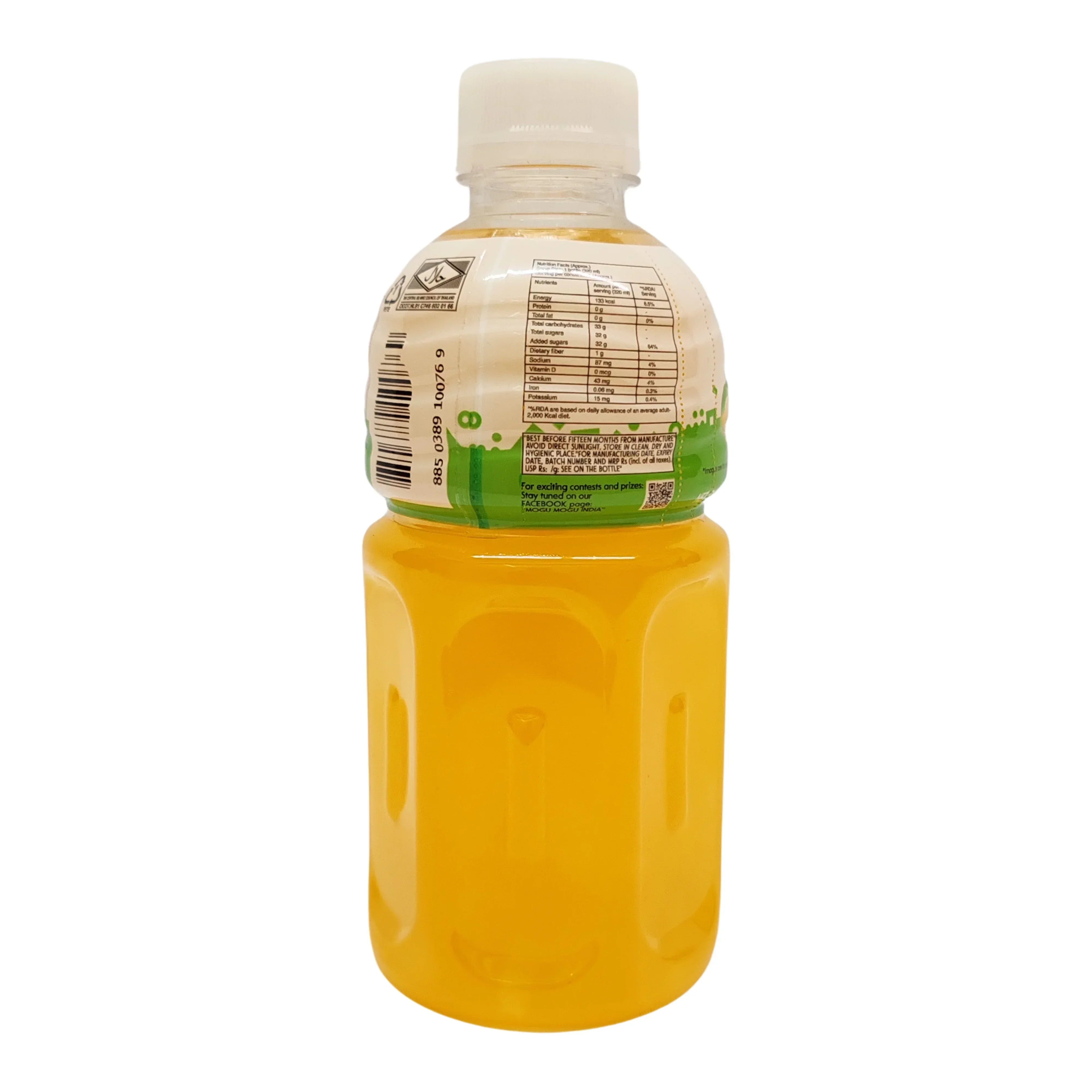 Back view of a mango juice drink bottle with nutrition label and yellow liquid