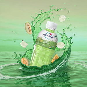 Mogu Mogu melon juice drink with nata de coco, bottle splashing in green liquid, melon slices and ice cubes visible.
