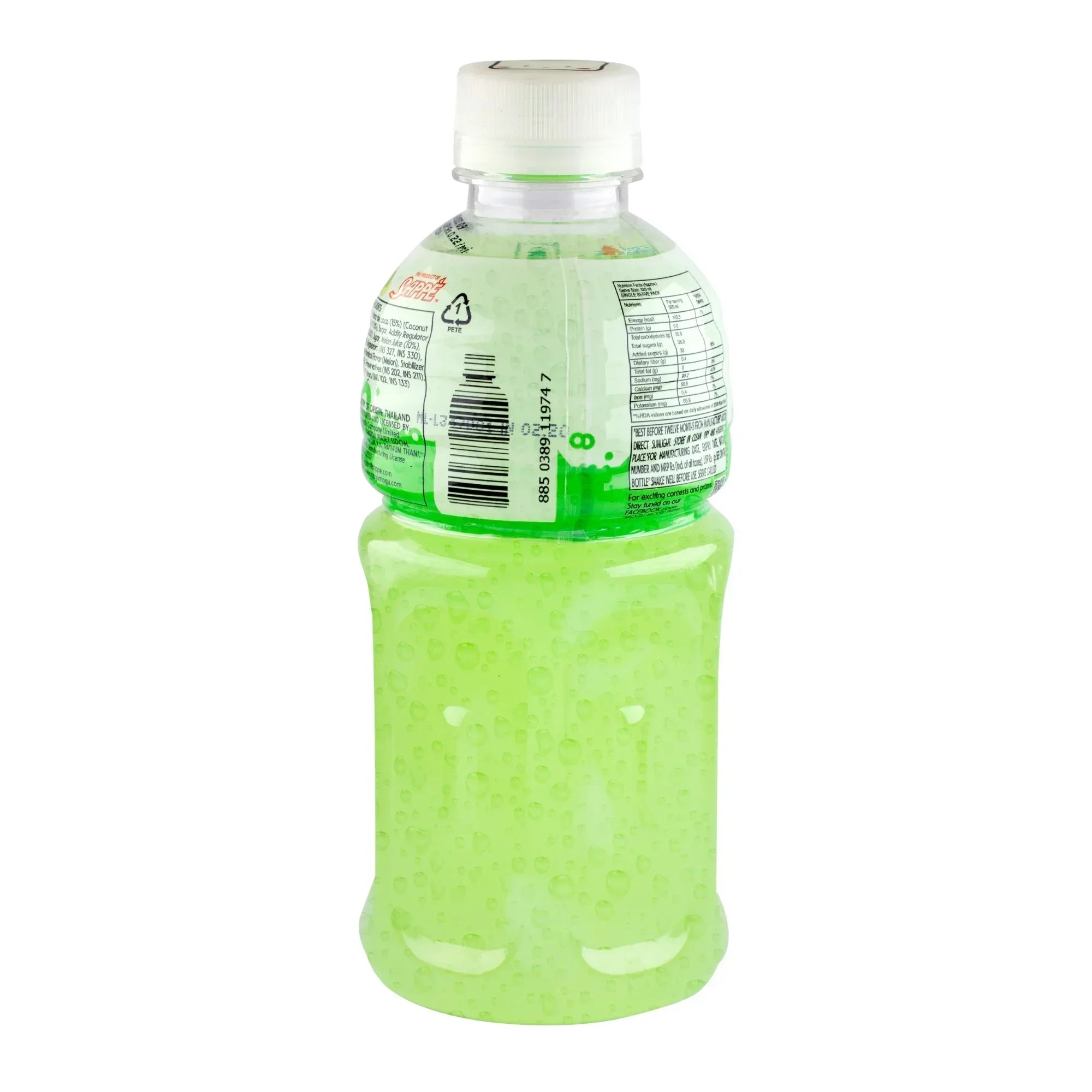 Green melon flavored drink with nata de coco in a transparent plastic bottle, back label visible