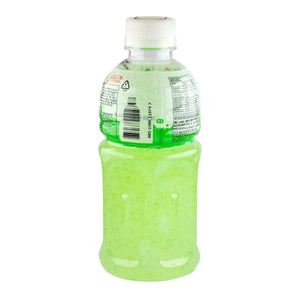 Green melon flavored drink with nata de coco in a transparent plastic bottle, back label visible