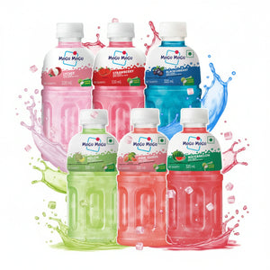 Assorted Mogu Mogu fruit drinks in lychee, strawberry, blackcurrant, melon, pink guava, and watermelon flavors with colorful splashes and ice cubes.
