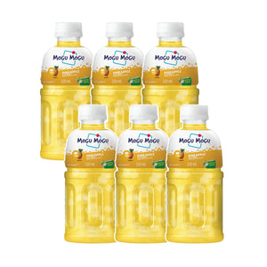 Six bottles of Mogu Mogu pineapple juice drink with nata de coco, 320ml each, on white background