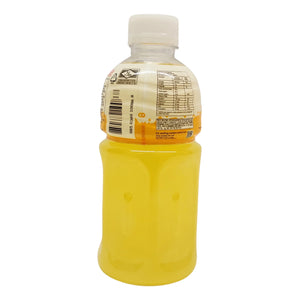 Back view of a yellow pineapple flavored juice drink in a clear plastic bottle with label