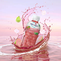Mogu Mogu Pink Guava drink bottle with guava fruit, ice cubes, and pink splash on water