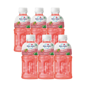 Six bottles of Mogu Mogu Pink Guava juice with nata de coco, 320ml each, grouped on white background