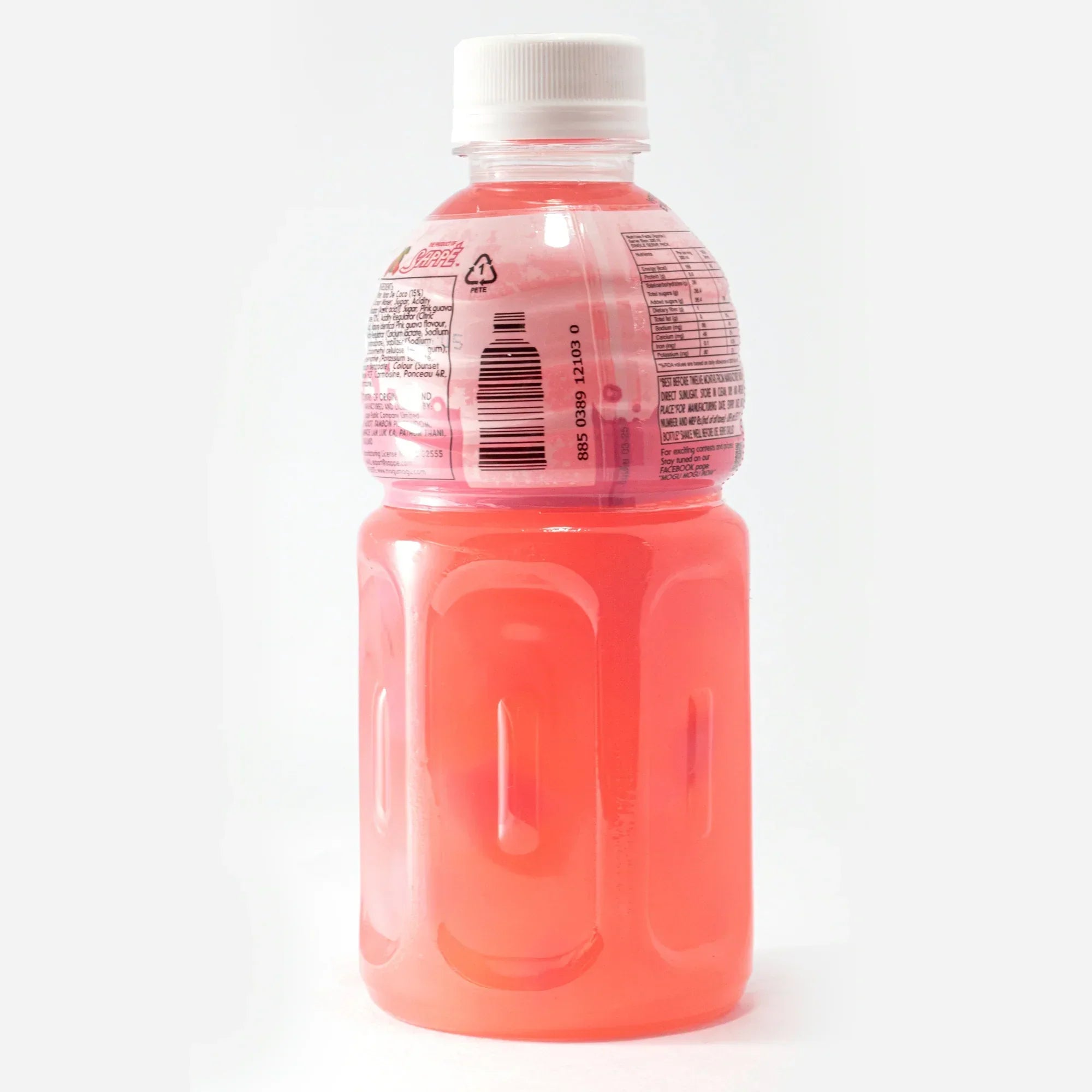 Plastic bottle of pink guava juice drink with white cap on white background