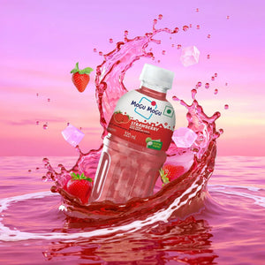 Mogu Mogu Strawberry juice drink bottle with nata de coco, splashing in pink liquid with strawberries and ice cubes, on a vibrant pink background.