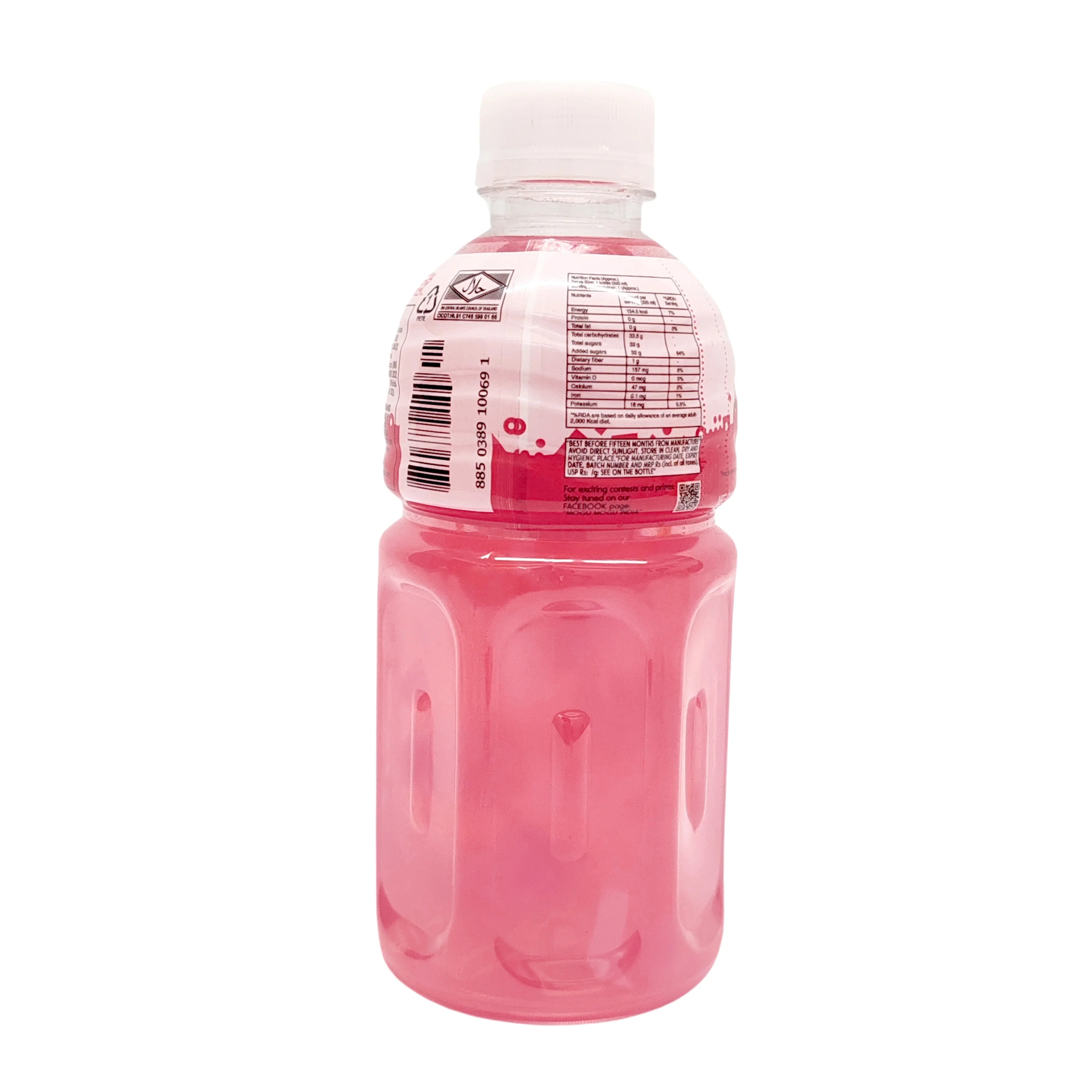 Back view of strawberry flavored drink in a clear plastic bottle with nutrition label
