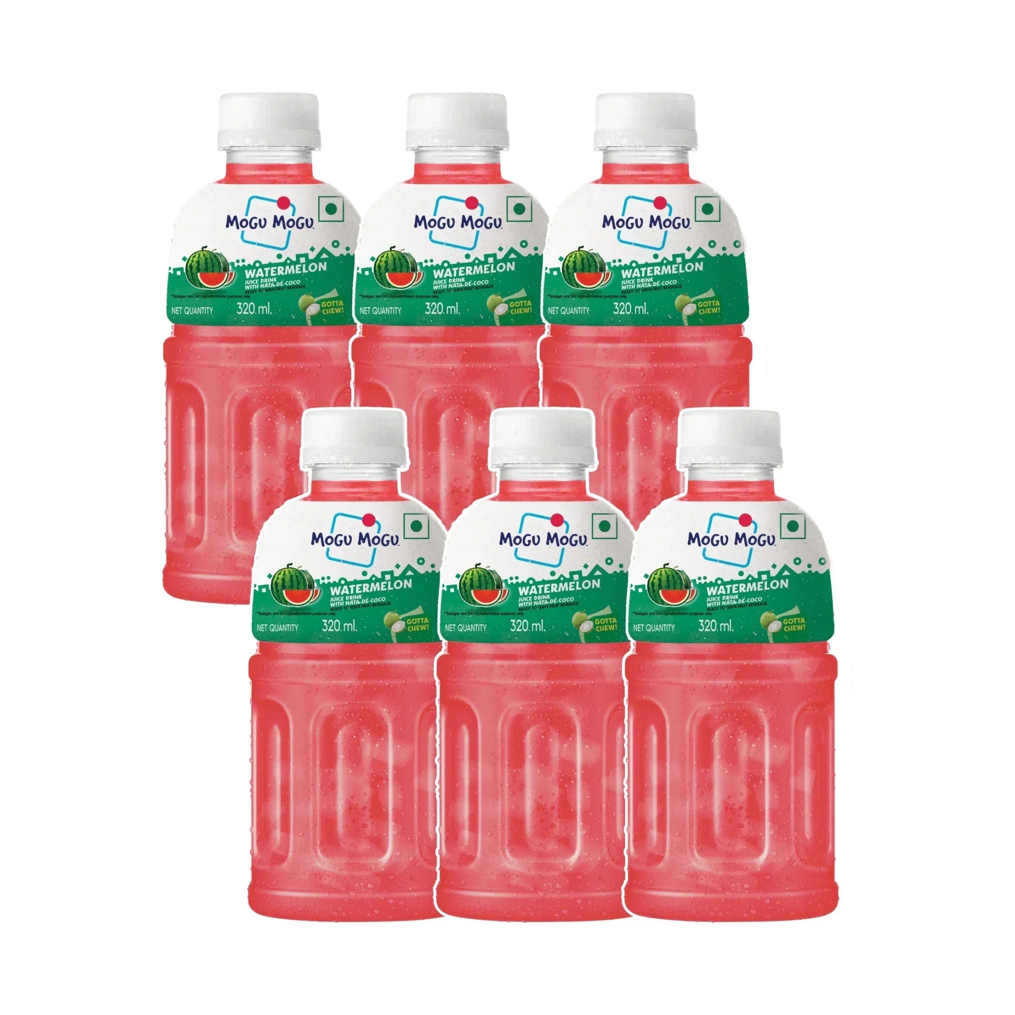 Six bottles of Mogu Mogu Watermelon juice with nata de coco, 320ml, grouped on white background