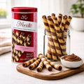 Monetta chocolate-style luxury creme filled wafer rolls with creamy dip, perfect gourmet snack