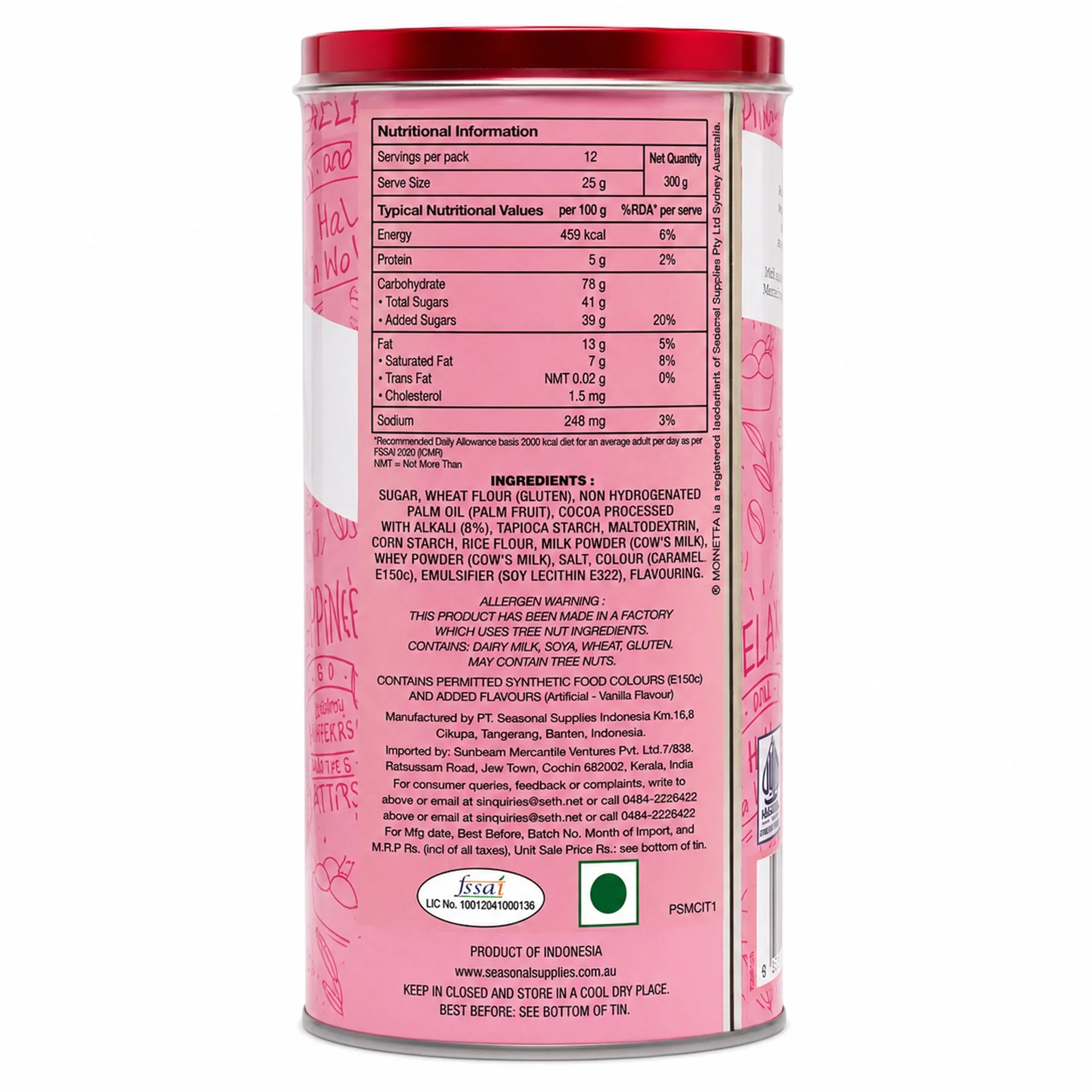 Pink tin with nutritional info, ingredients, and allergen details for imported gourmet snack, product of Indonesia