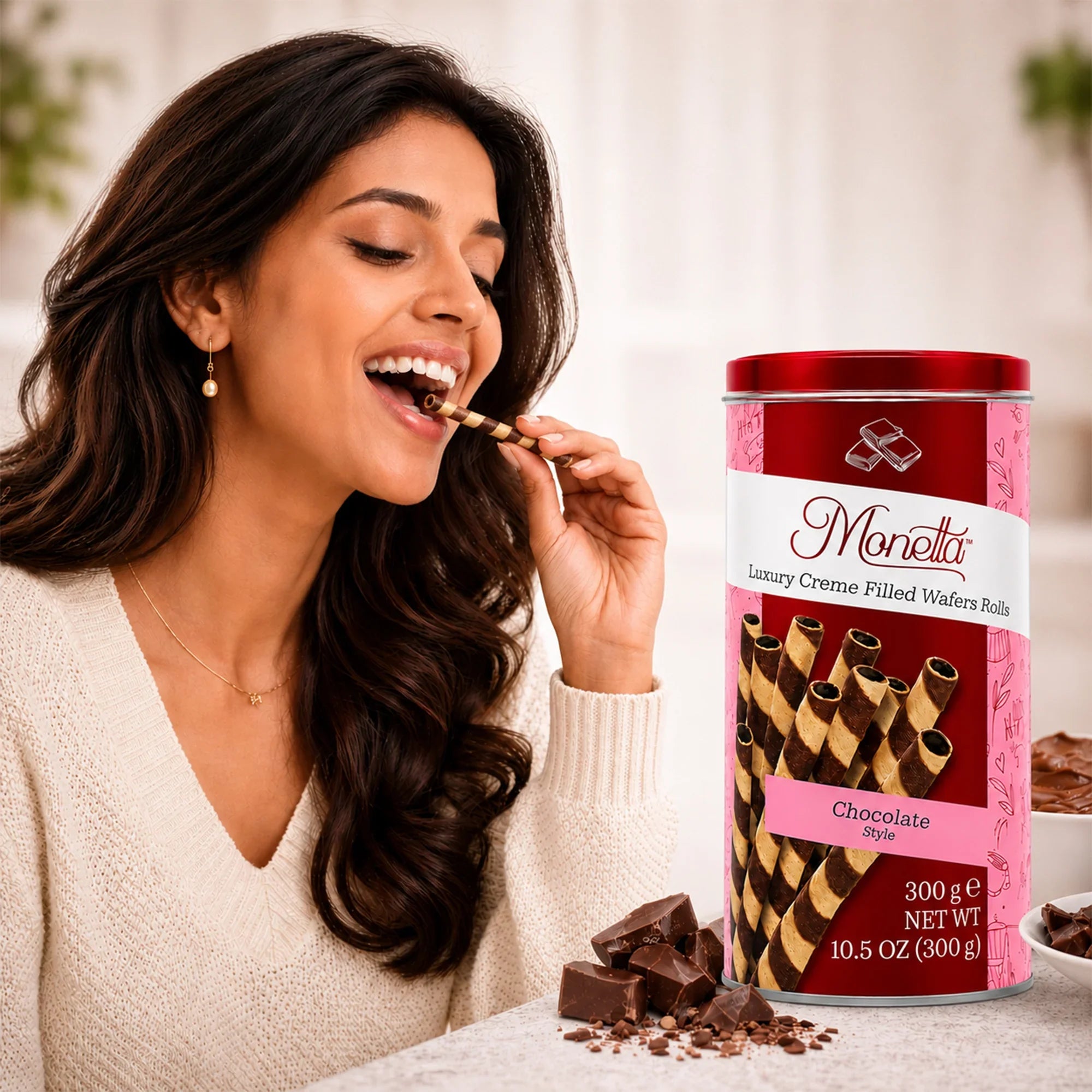Woman enjoying Monetta chocolate creme filled wafer rolls, luxury gourmet snack imported to India