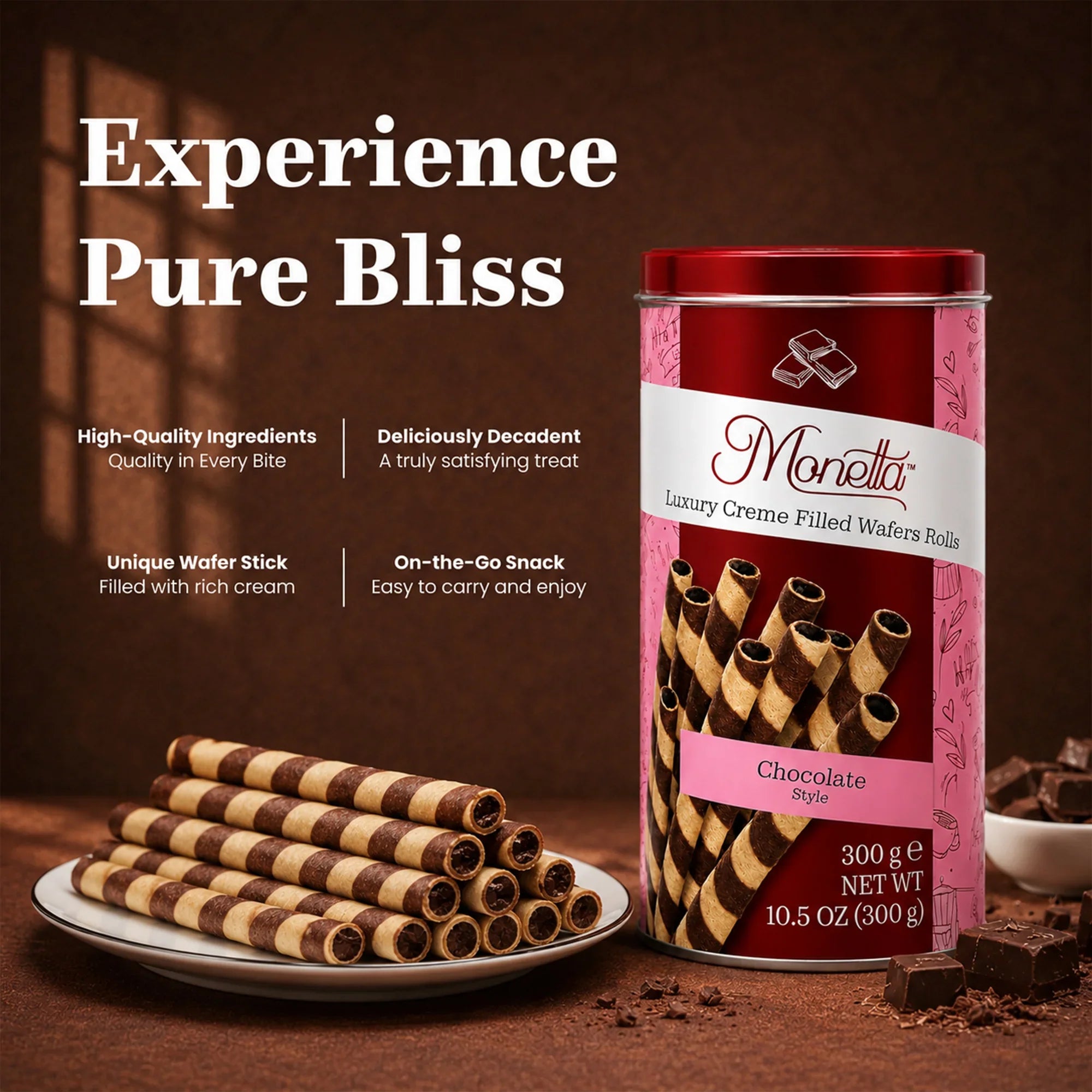 Monetta chocolate creme filled wafer rolls, luxury snack with rich cream, perfect on-the-go treat