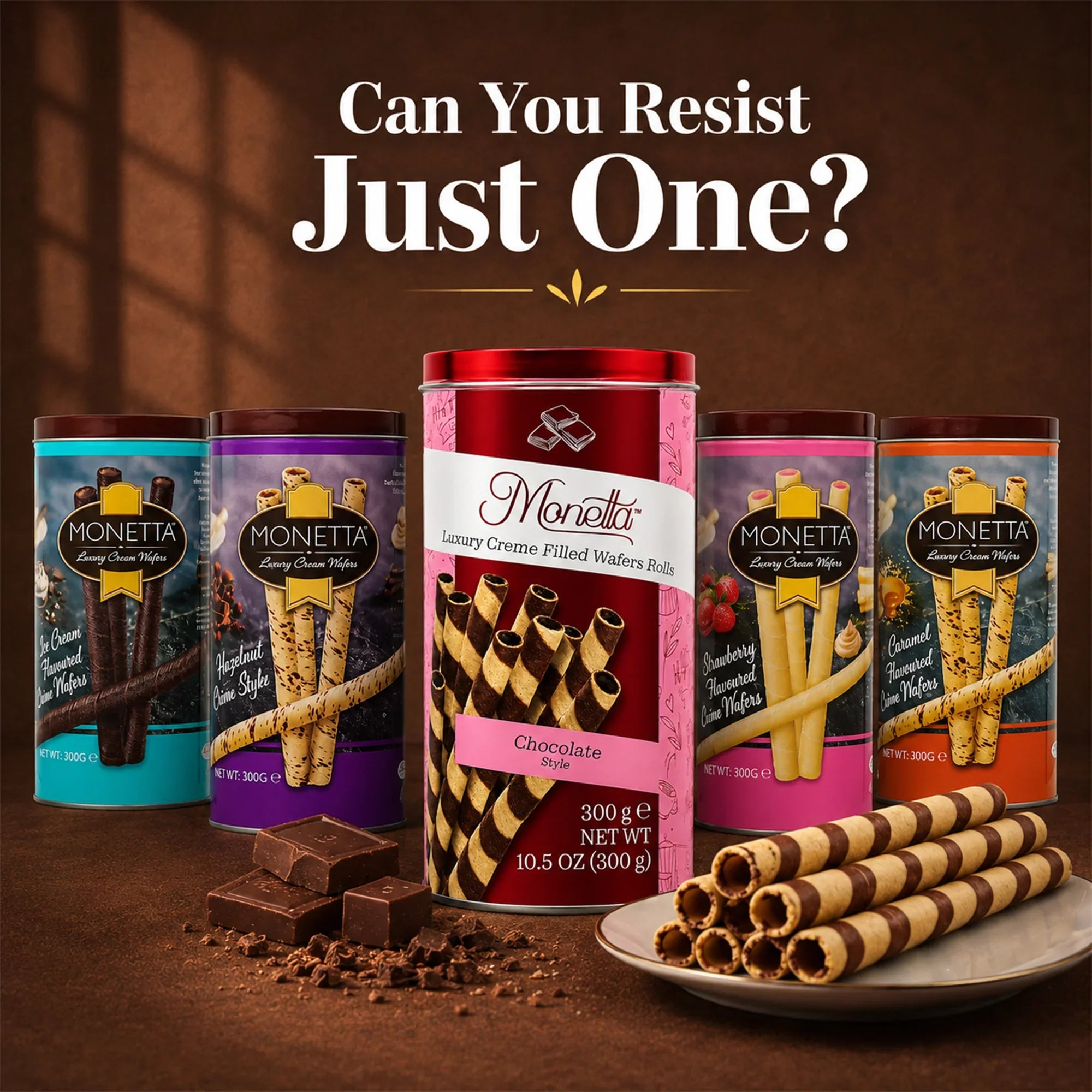 Monetta Luxury Creme Filled Wafer Rolls in chocolate, hazelnut, strawberry & caramel flavors, 300g each