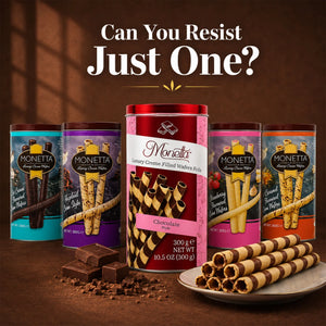 Monetta Luxury Creme Filled Wafer Rolls in chocolate, hazelnut, strawberry & caramel flavors, 300g each
