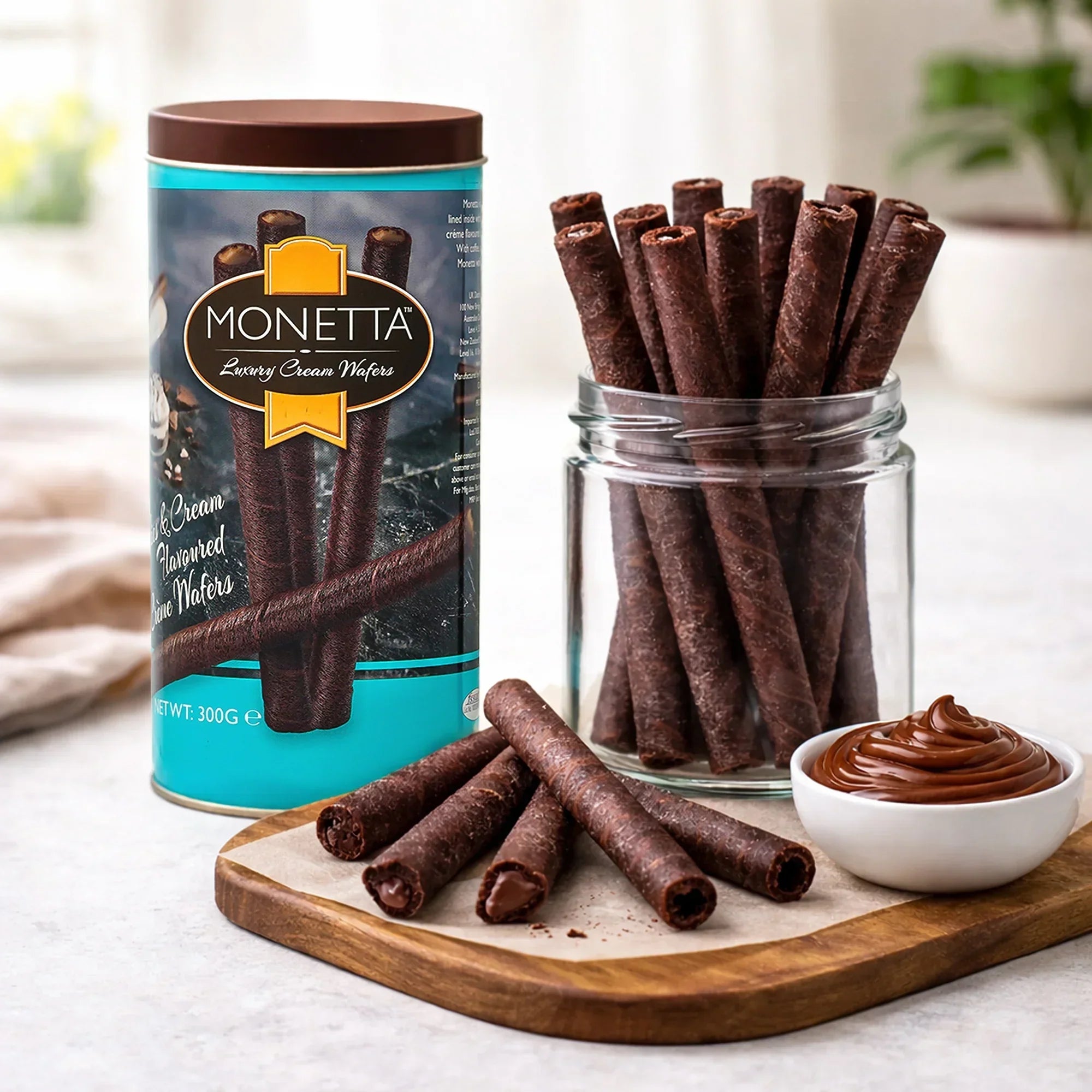 Chocolate cream wafer sticks in glass jar with tin can and creamy dip on wooden board