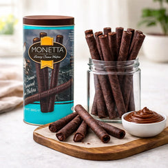 Chocolate cream wafer sticks in glass jar with tin can and creamy dip on wooden board