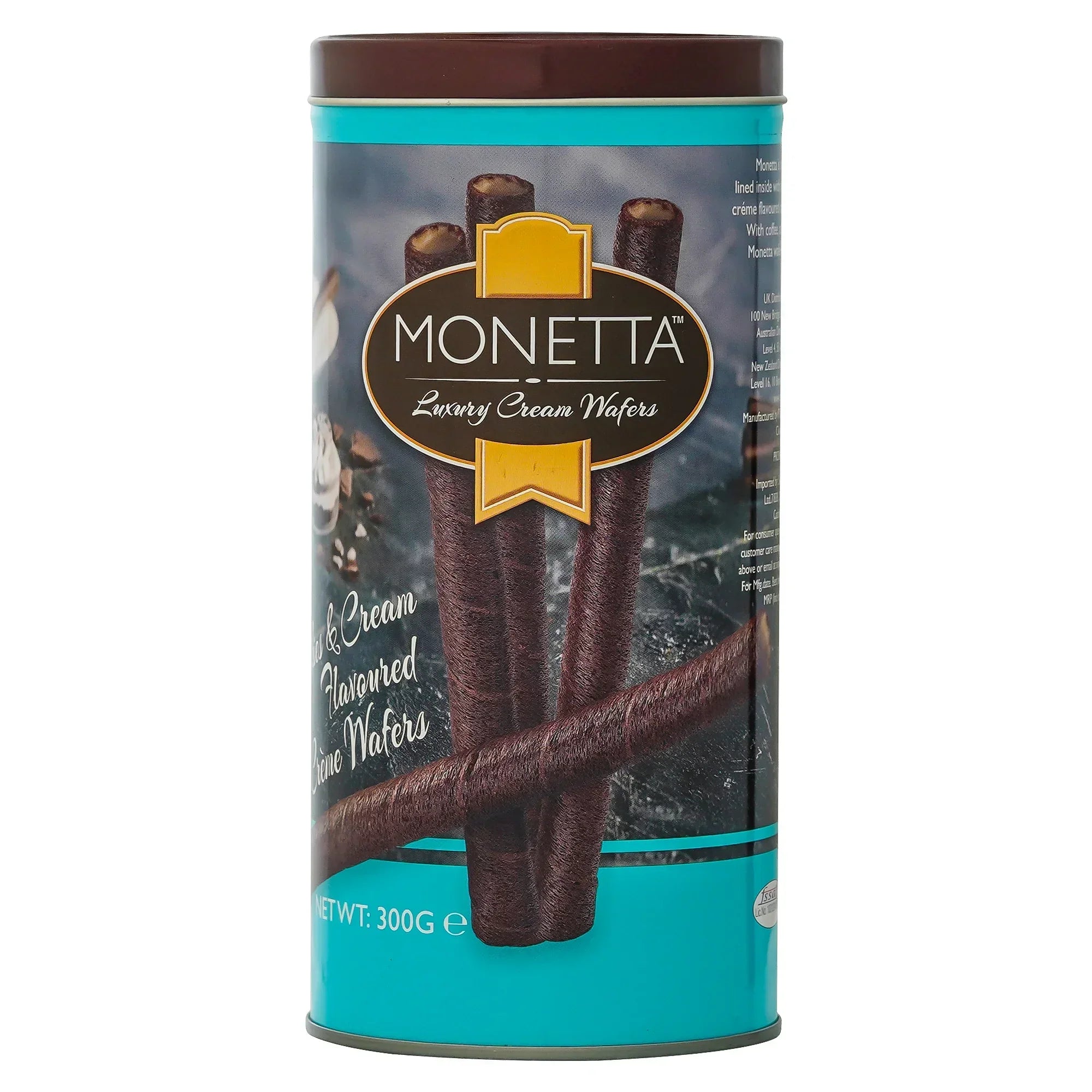 Monetta luxury cream wafer sticks tin with cookies and cream flavor, 300g packaging