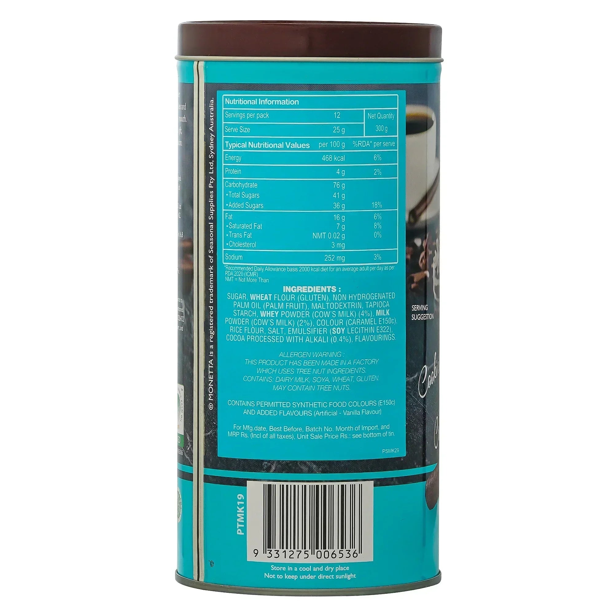 Back view of cookies and cream wafer sticks tin showing nutritional facts and ingredients list