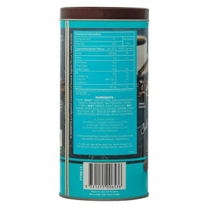 Back view of cookies and cream wafer sticks tin showing nutritional facts and ingredients list