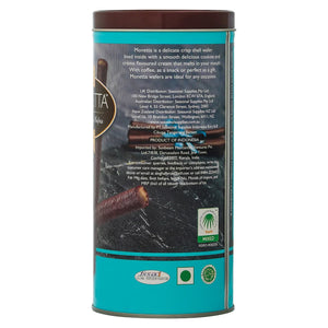 Back view of Monetta cookies and cream wafer sticks tin with product details and logos